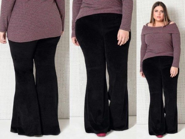 calça maxi flare plus size